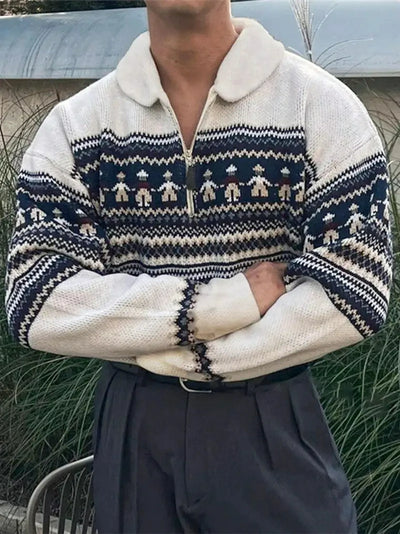 Herren Strickpullover mit Reißverschlusskragen und Geometrischem Muster
