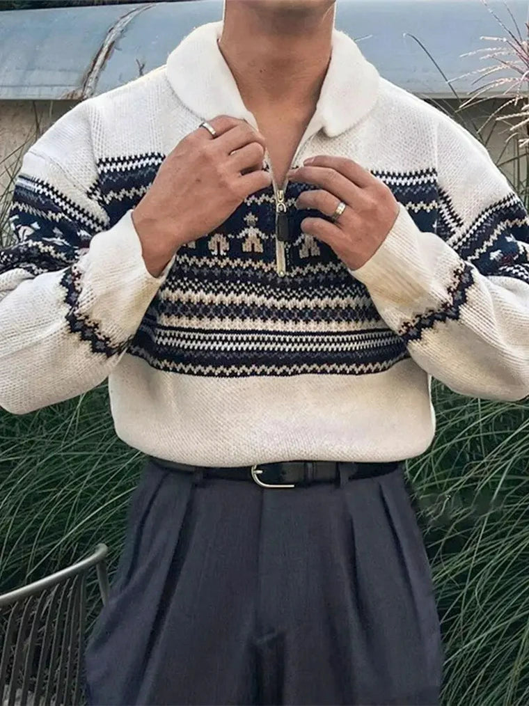 Herren Strickpullover mit Reißverschlusskragen und Geometrischem Muster