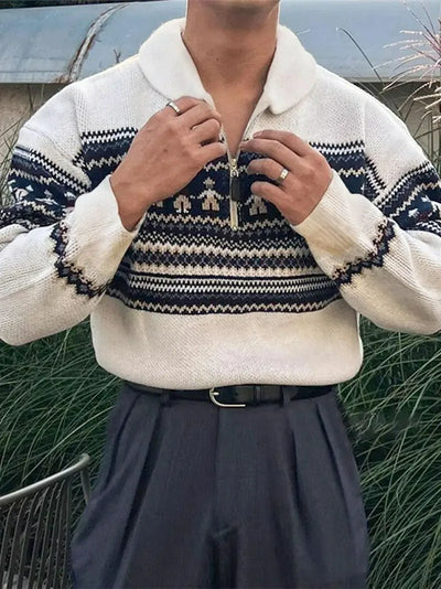 Herren Strickpullover mit Reißverschlusskragen und Geometrischem Muster