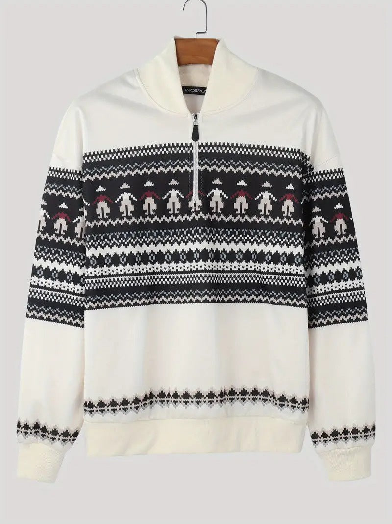 Herren Strickpullover mit Reißverschlusskragen und Geometrischem Muster