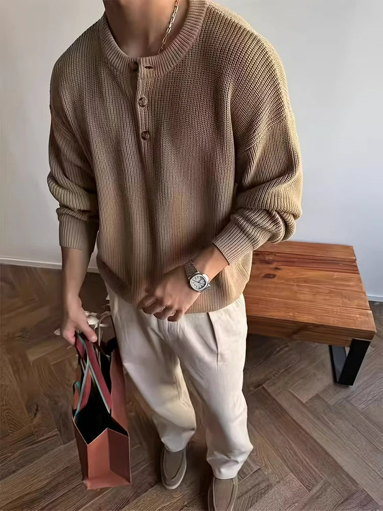 Herren Strickpullover mit Halber Knopfleiste und Rundhalsausschnitt