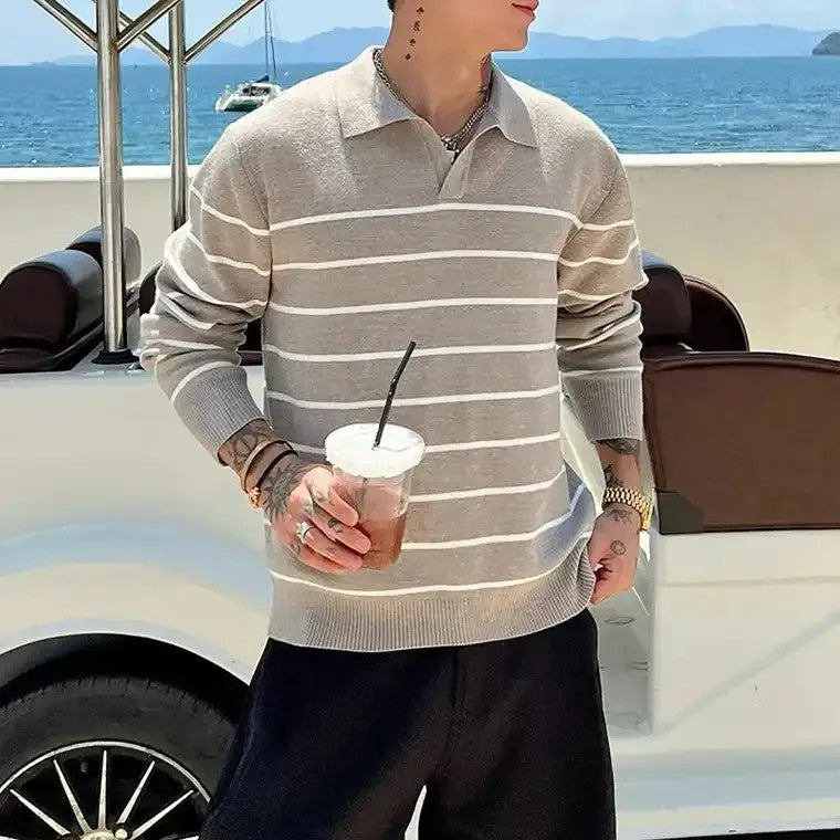 Herren V-Ausschnitt Pullover mit Kragen und Streifendesign