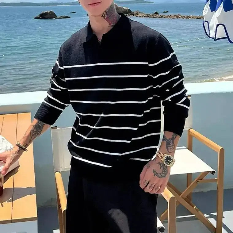 Herren V-Ausschnitt Pullover mit Kragen und Streifendesign