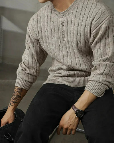 Herren Zopfmuster-Strickpullover Mit Halber Knopfleiste Und Geripptem Saum
