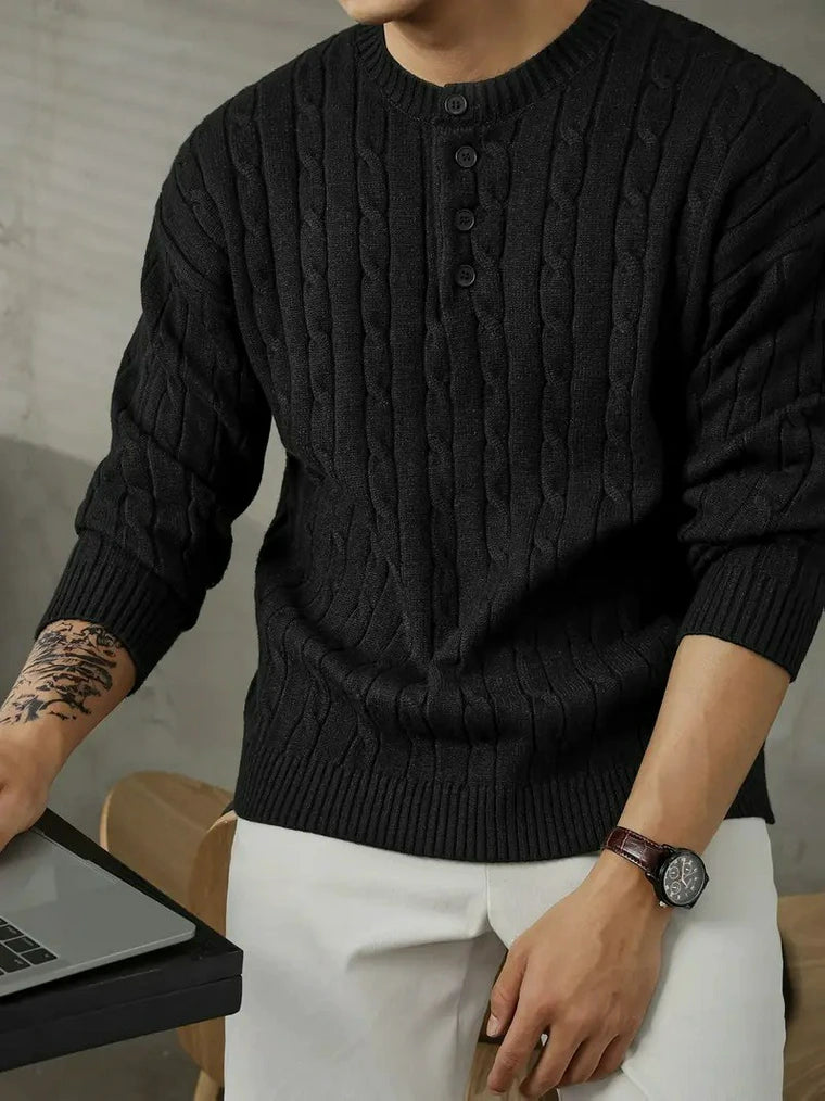 Herren Zopfmuster-Strickpullover Mit Halber Knopfleiste Und Geripptem Saum