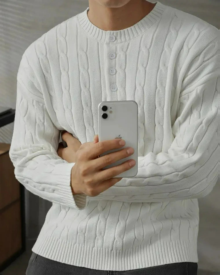 Herren Zopfmuster-Strickpullover Mit Halber Knopfleiste Und Geripptem Saum