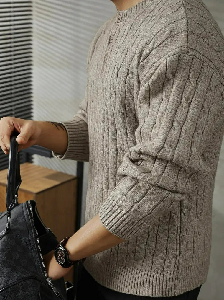 Herren Zopfmuster-Strickpullover Mit Halber Knopfleiste Und Geripptem Saum