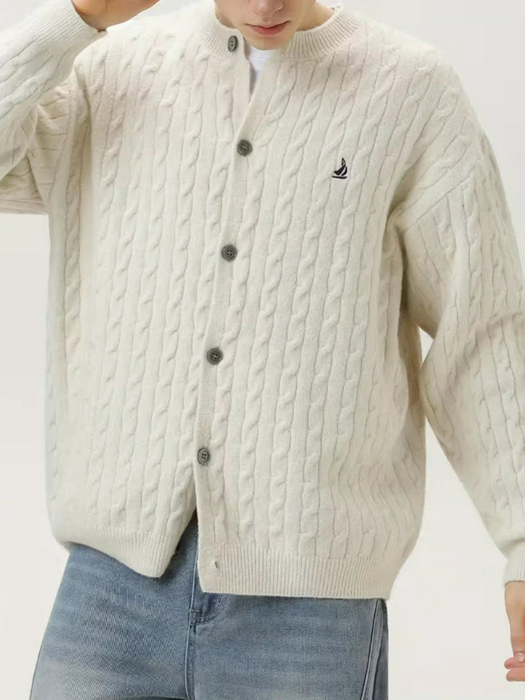 Herren Zopfstrick-Strickjacke mit Knöpfen und Gerippten Bündchen