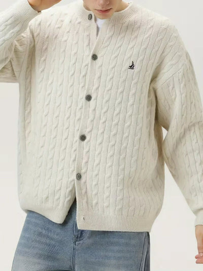 Herren Zopfstrick-Strickjacke mit Knöpfen und Gerippten Bündchen