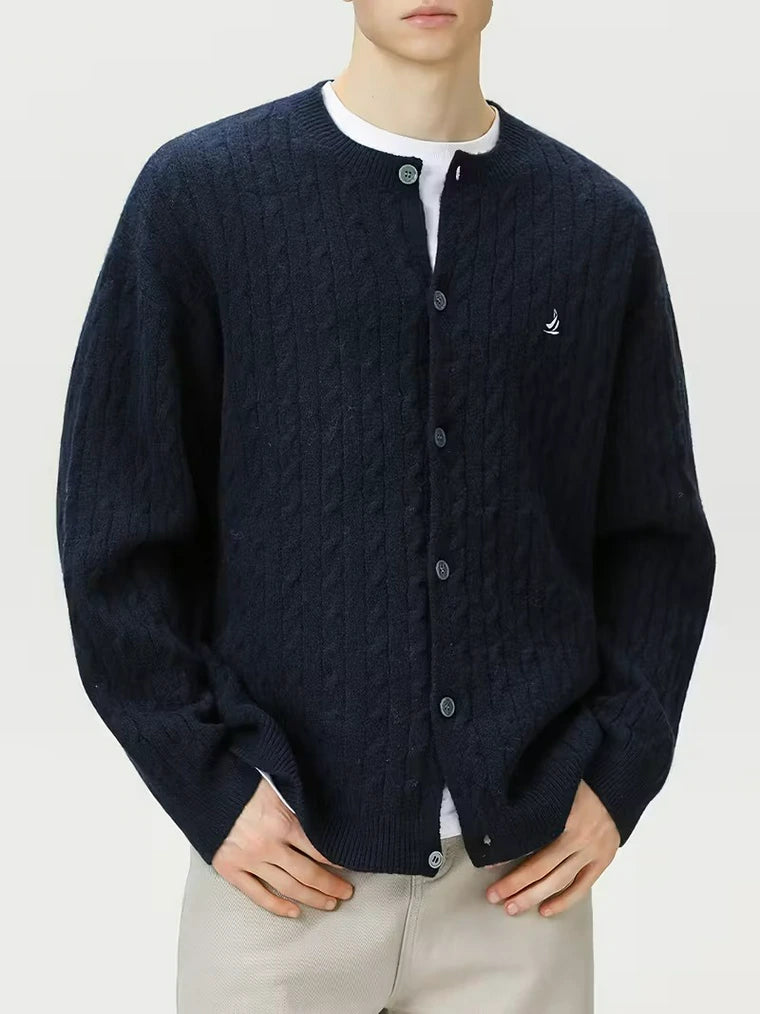 Herren Zopfstrick-Strickjacke mit Knöpfen und Gerippten Bündchen