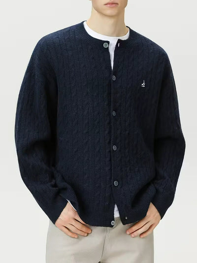 Herren Zopfstrick-Strickjacke mit Knöpfen und Gerippten Bündchen