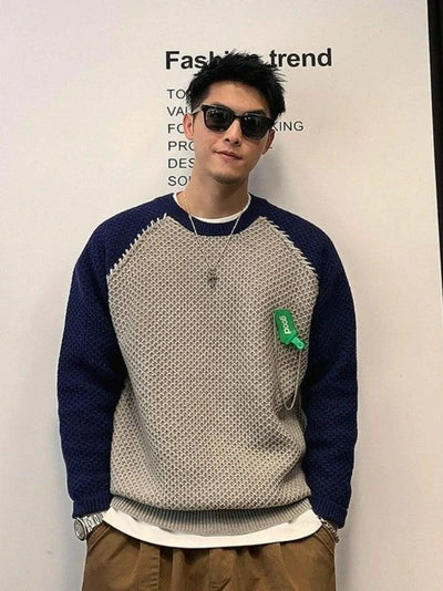 Herren Zweifarbiger Strukturstrickpullover mit Rundhalsausschnitt