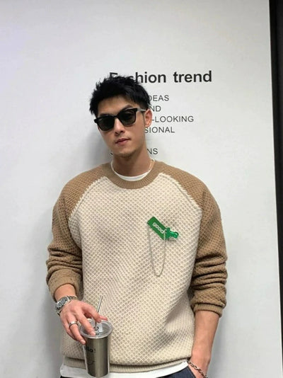 Herren Zweifarbiger Strukturstrickpullover mit Rundhalsausschnitt