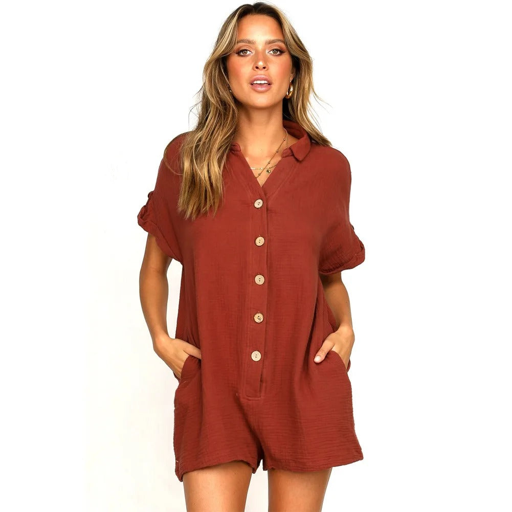 Kurzärmeliger Jumpsuit mit Knöpfen für Damen