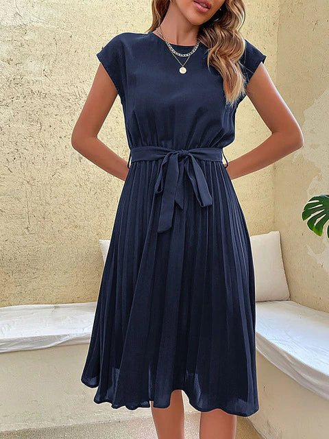 Damen Midikleid für den Sommer mit kurzen Ärmeln und Rundhalsausschnitt
