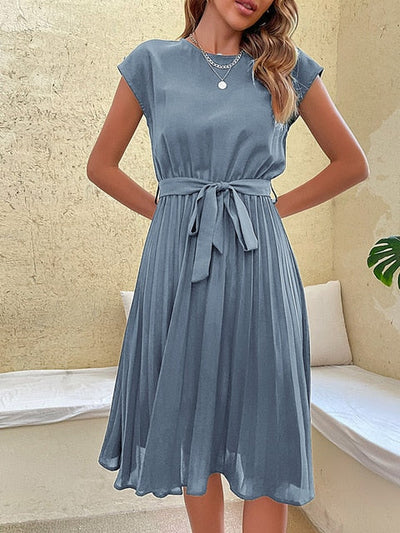 Damen Midikleid für den Sommer mit kurzen Ärmeln und Rundhalsausschnitt