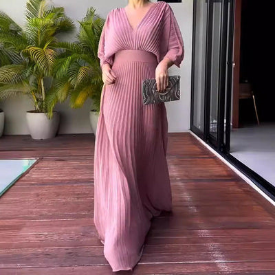 Damen V-Ausschnitt Maxikleid mit Faltendesign und weiten Ärmeln