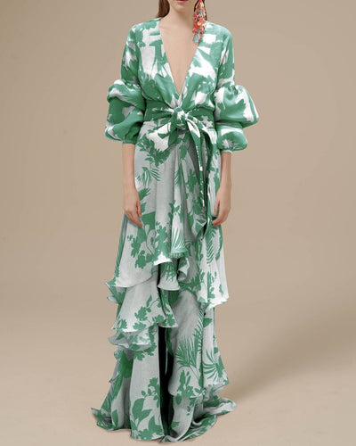 Damen Sommer-Maxi-Kleid mit tiefem V-Ausschnitt und Puffärmeln