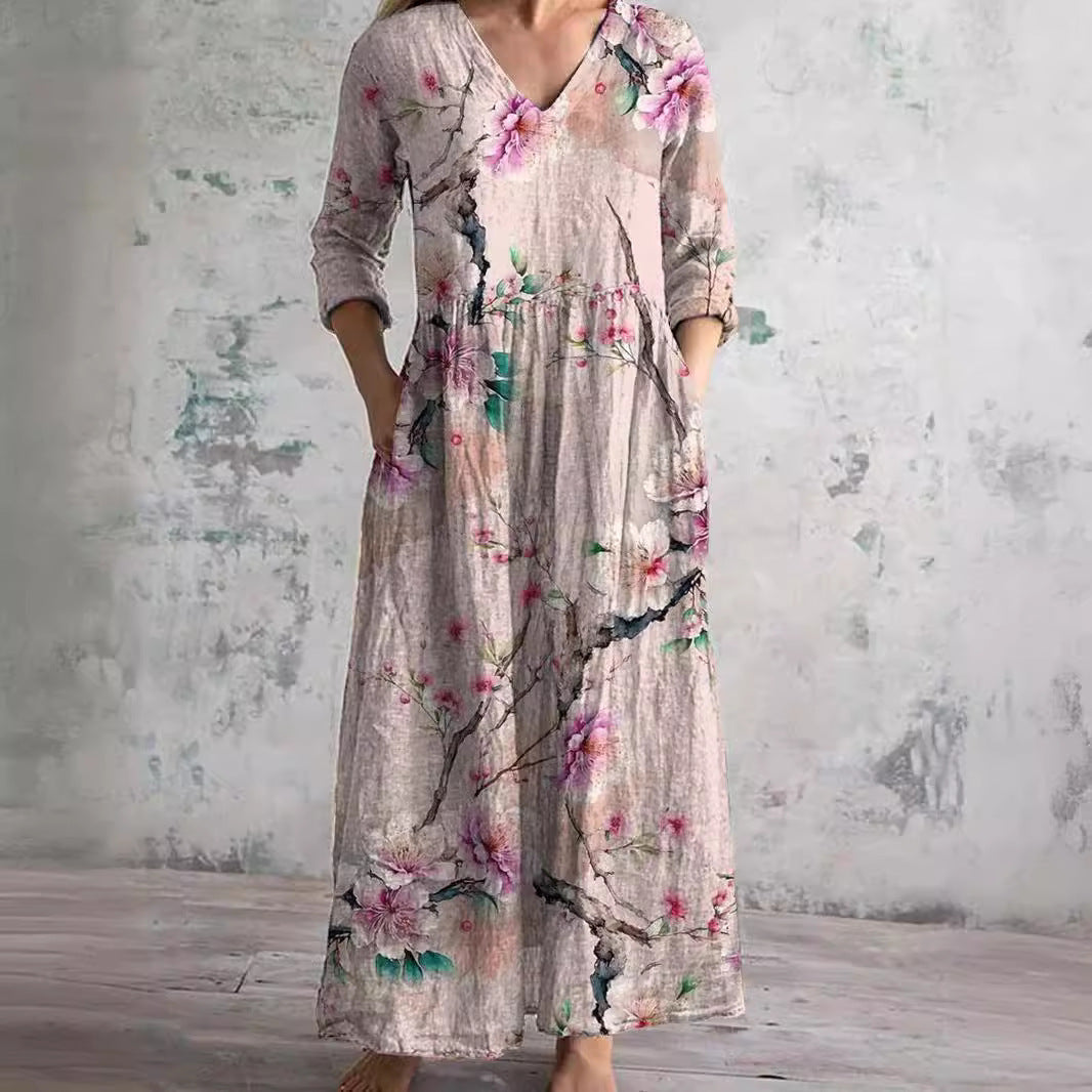 Damen Sommerkleid mit V-Ausschnitt und Blumenmuster