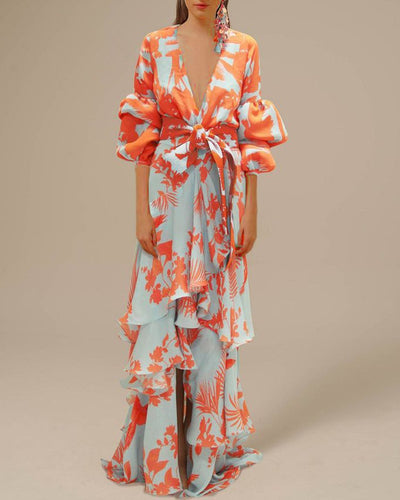 Damen Sommer-Maxi-Kleid mit tiefem V-Ausschnitt und Puffärmeln