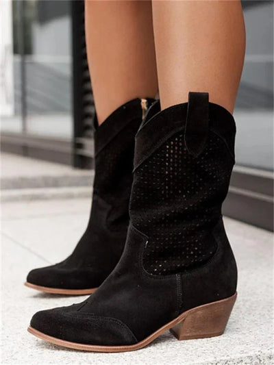 Damen Boots aus veganem Leder mit Blockabsatz und perforiertem Obermaterial
