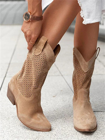 Damen Boots aus veganem Leder mit Blockabsatz und perforiertem Obermaterial