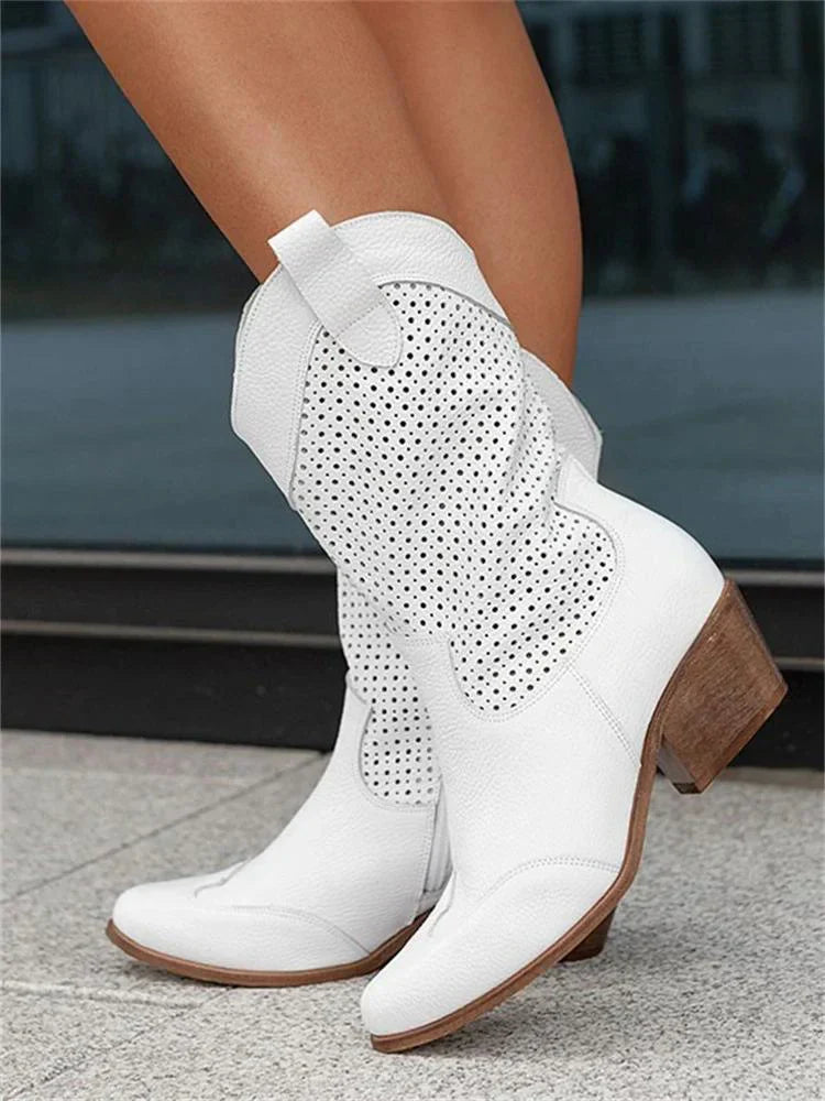 Damen Boots aus veganem Leder mit Blockabsatz und perforiertem Obermaterial