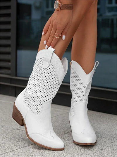 Damen Boots aus veganem Leder mit Blockabsatz und perforiertem Obermaterial