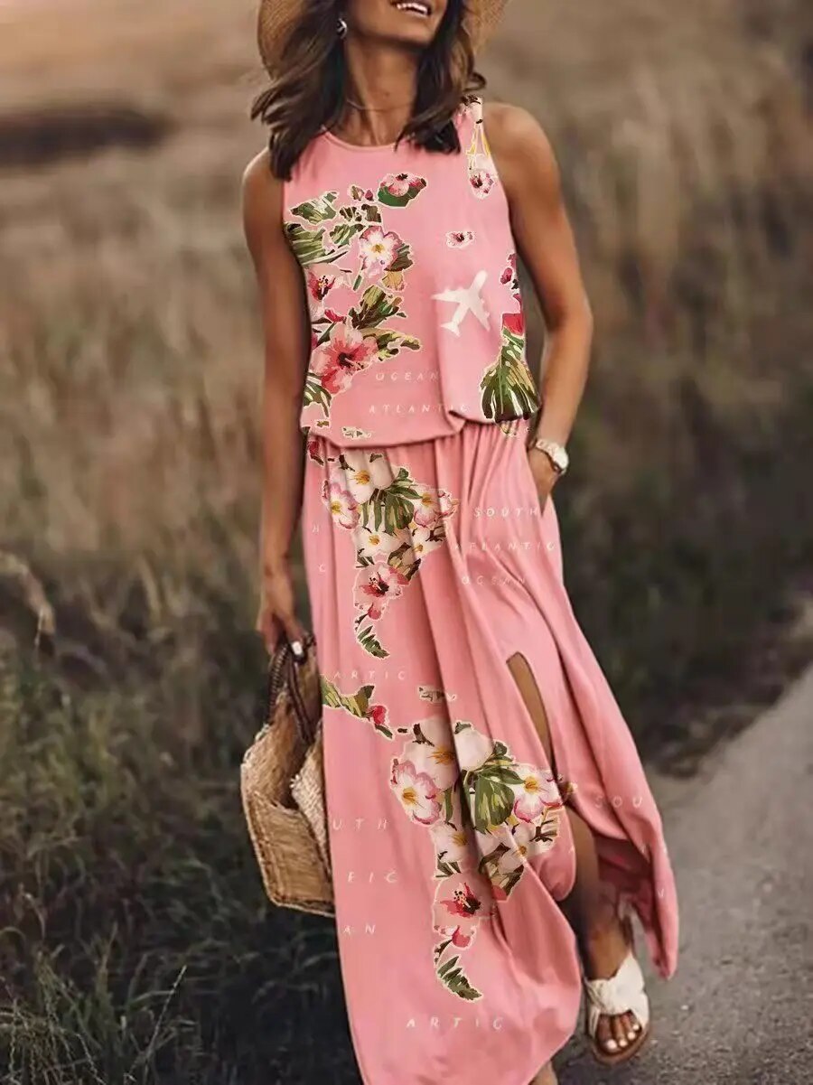 Damen Sommer Maxikleid mit grafischen Drucken und Seitenschlitz