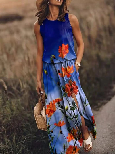 Damen Sommer Maxikleid mit grafischen Drucken und Seitenschlitz