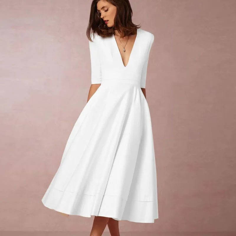 Damen Midi Kleid mit tiefem V-Ausschnitt und Dreiviertelärmel