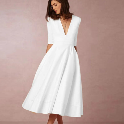 Damen Midi Kleid mit tiefem V-Ausschnitt und Dreiviertelärmel