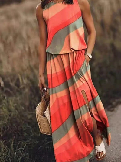 Damen Sommer Maxikleid mit grafischen Drucken und Seitenschlitz