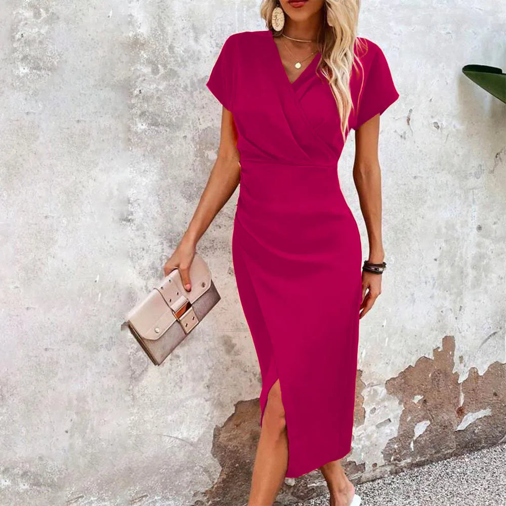 Damen Sommer Midikleid mit kurzen Ärmeln und V-Ausschnitt