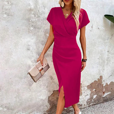 Damen Sommer Midikleid mit kurzen Ärmeln und V-Ausschnitt