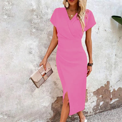 Damen Sommer Midikleid mit kurzen Ärmeln und V-Ausschnitt