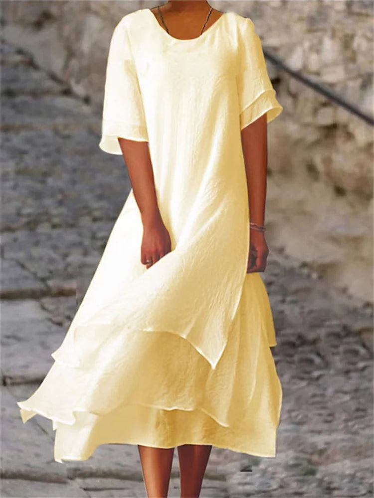 Damen-Midikleid mit kurzen Ärmeln und gestuftem Rock