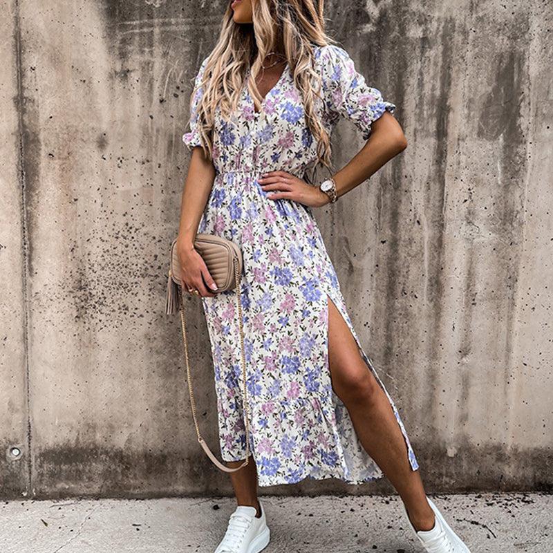 Damen Midikleid für den Sommer mit kurzen Ärmeln und Blumenmuster