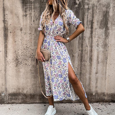 Damen Midikleid für den Sommer mit kurzen Ärmeln und Blumenmuster