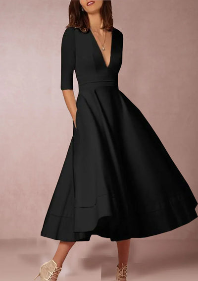 Damen Midi Kleid mit tiefem V-Ausschnitt und Dreiviertelärmel