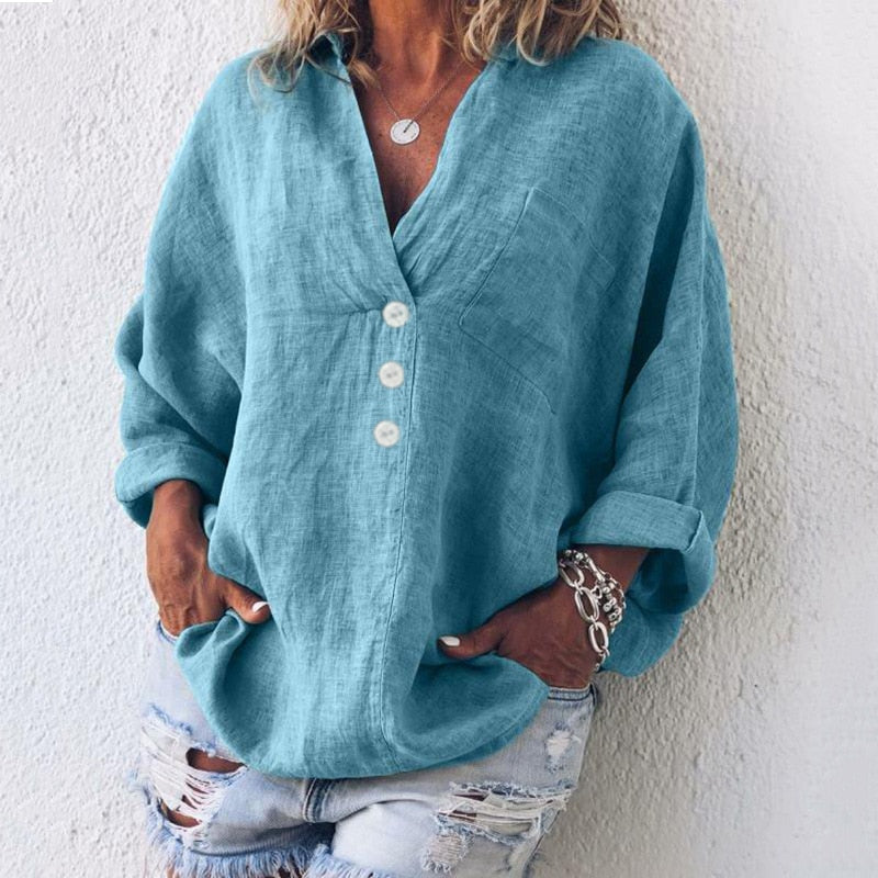 Leinenbluse mit V-Ausschnitt für Damen