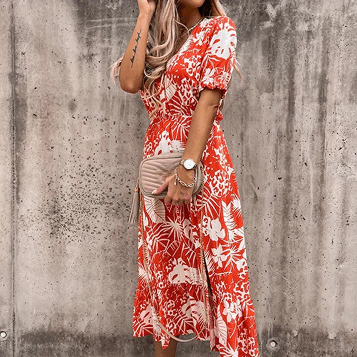 Damen Midikleid für den Sommer mit kurzen Ärmeln und Blumenmuster