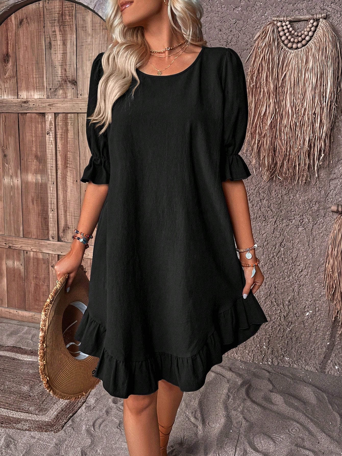 Damen-Sommerkleid mit Rundhalsausschnitt und Rüschenärmeln