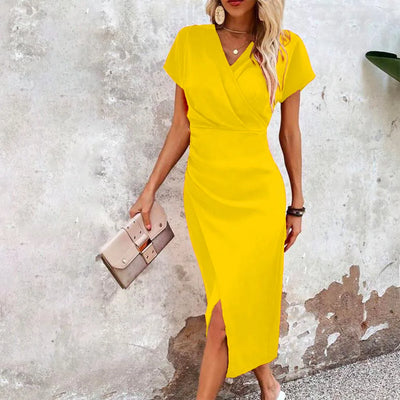 Damen Sommer Midikleid mit kurzen Ärmeln und V-Ausschnitt