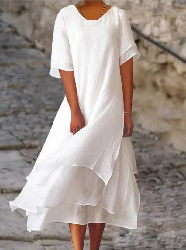Damen-Midikleid mit kurzen Ärmeln und gestuftem Rock