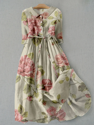 Damen Sommer-Midikleid mit Hemdkragen und Blumenmuster