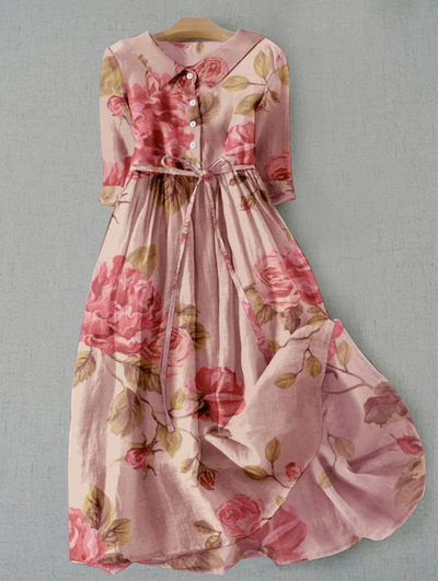 Damen Sommer-Midikleid mit Hemdkragen und Blumenmuster