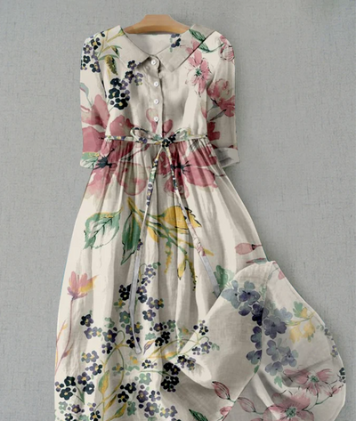 Damen Sommer-Midikleid mit Hemdkragen und Blumenmuster