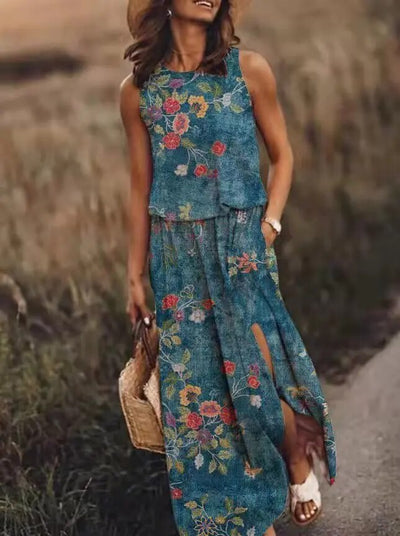 Damen Sommer Maxikleid mit grafischen Drucken und Seitenschlitz