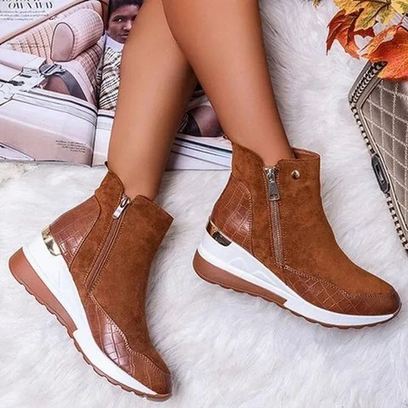 Damen Stiefeletten mit Keilsohle und Reißverschluss